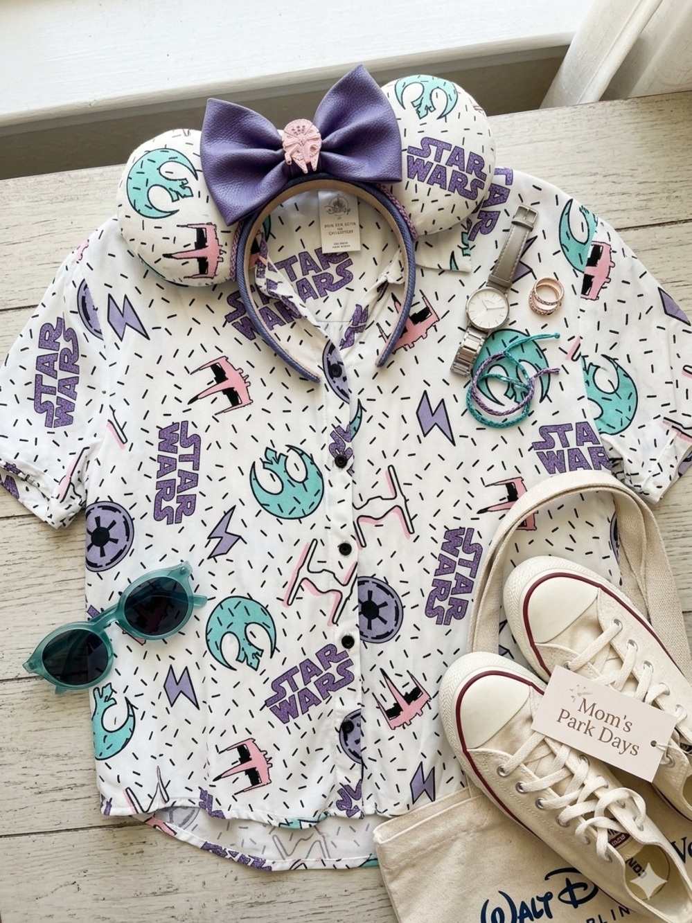 Disney Parks Star Wars Women Button Up Shirt XL White Pastel Retro Memphis